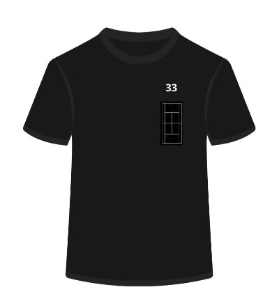 Black t-shirt with number 33 on a white background