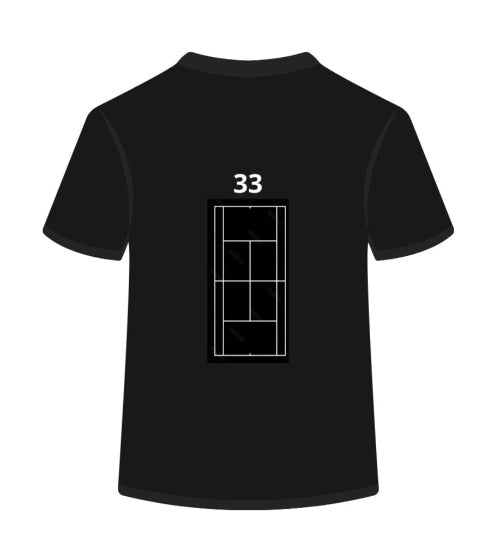 Black t-shirt with a white graphic and number 33 on the back, on a white background.