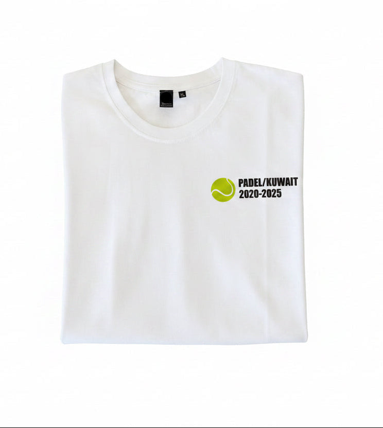 White t-shirt with a logo and text on a white background