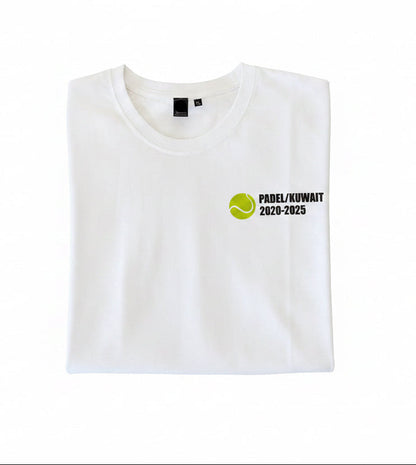 White t-shirt with a logo and text on a white background